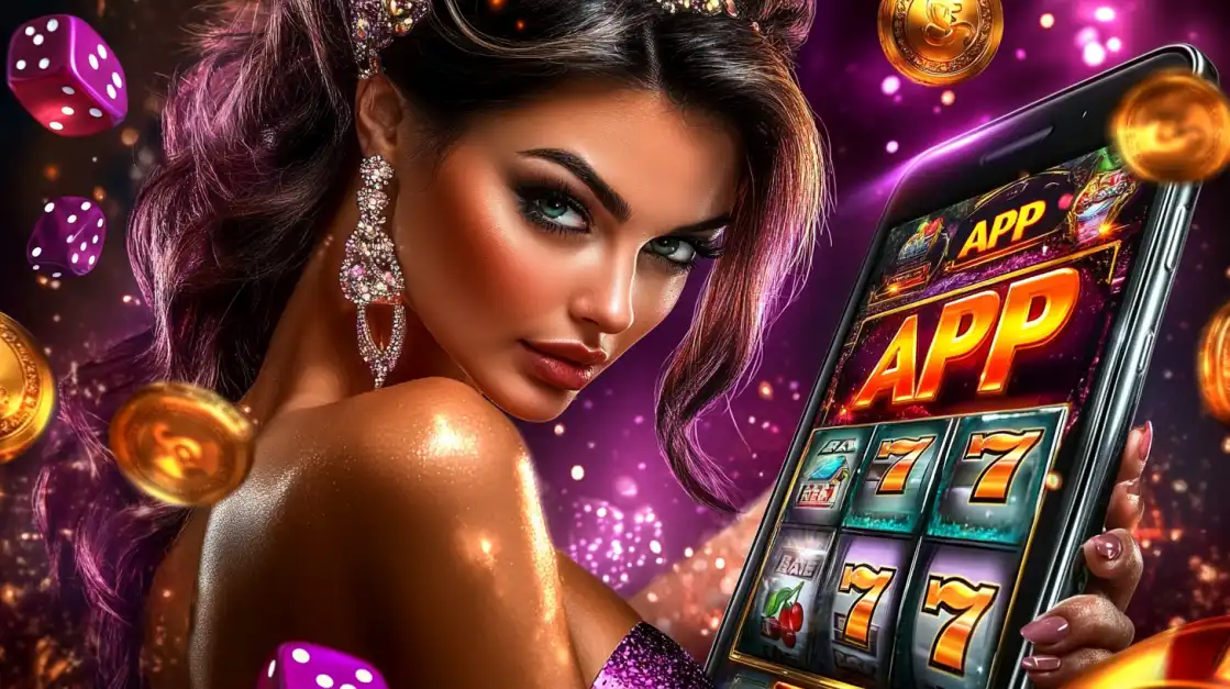 Elegant woman with purple earrings showing slot app screen with triple 7s on a sparkling phone.