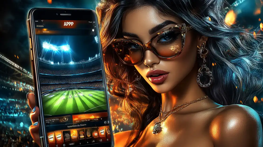 Stylish woman with sunglasses holding a phone with a sports betting app open inside a stadium.
