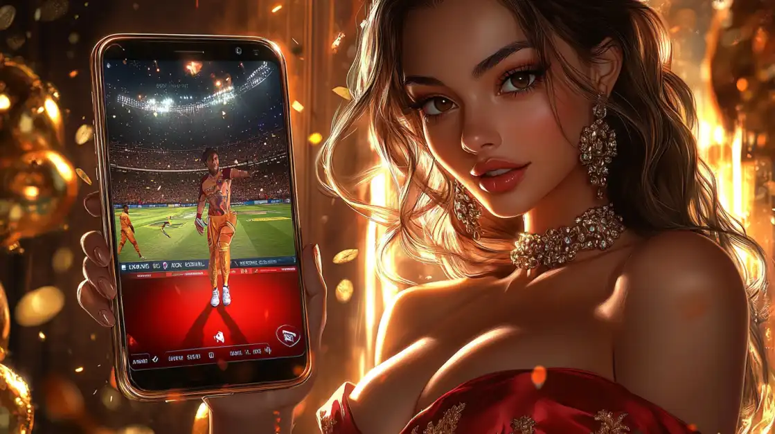 Beautiful woman in red next to a cricket app on her phone inside a glowing golden stadium.