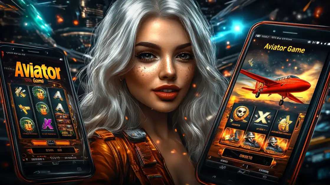 Attractive woman with silver hair presenting Aviator game on two mobile screens in a techy setting.
