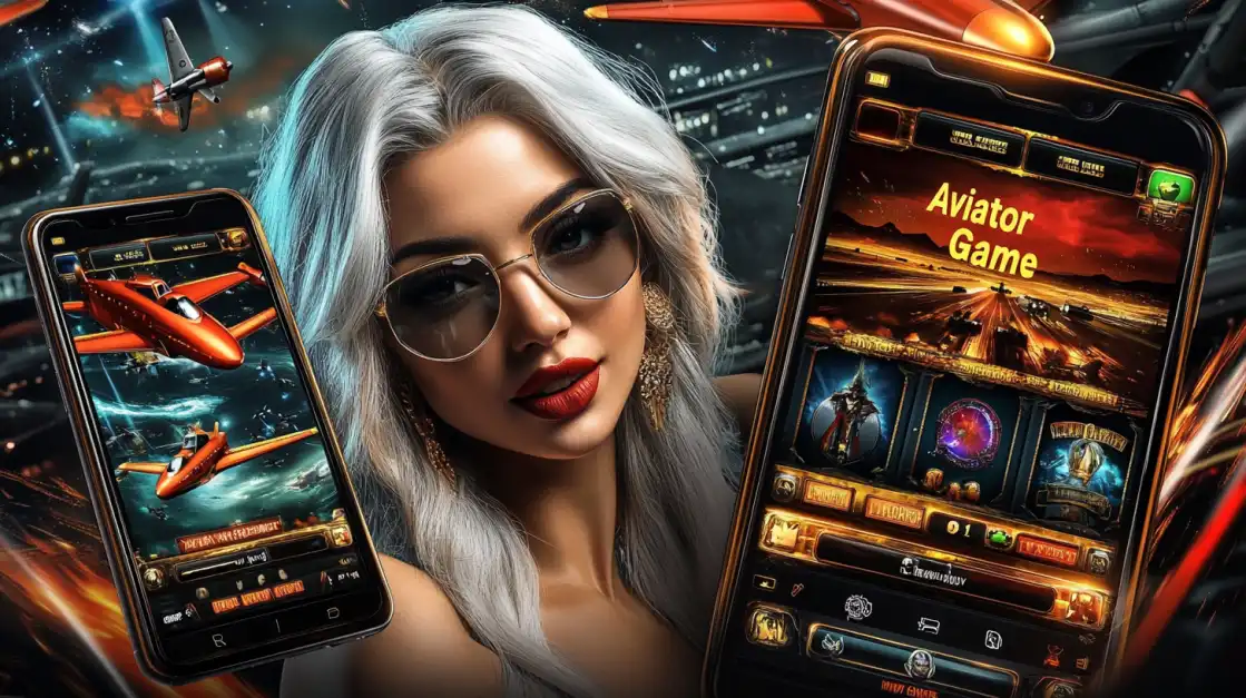 Stylish woman in sunglasses showing two Aviator mobile slots with planes flying across a space theme.