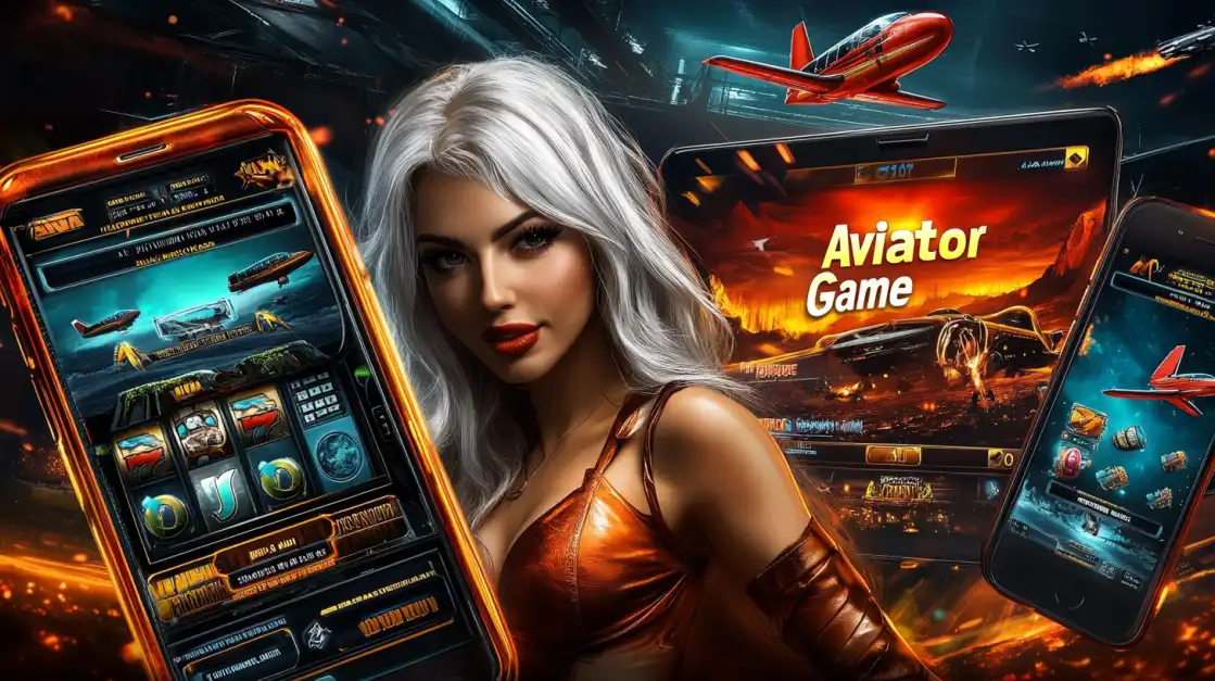 Beautiful woman in metallic orange dress with Aviator slot game screens and fighter jets behind her.