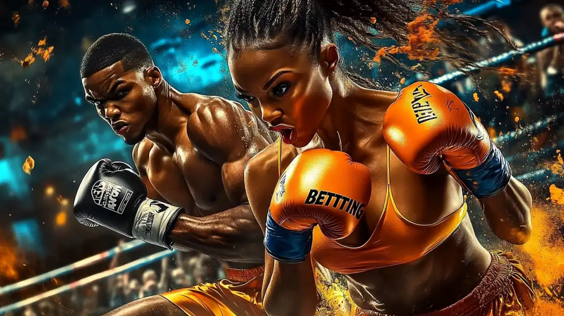 Powerful female boxer in orange gloves labeled 'BETTING' next to a male fighter in a dramatic ring scene.