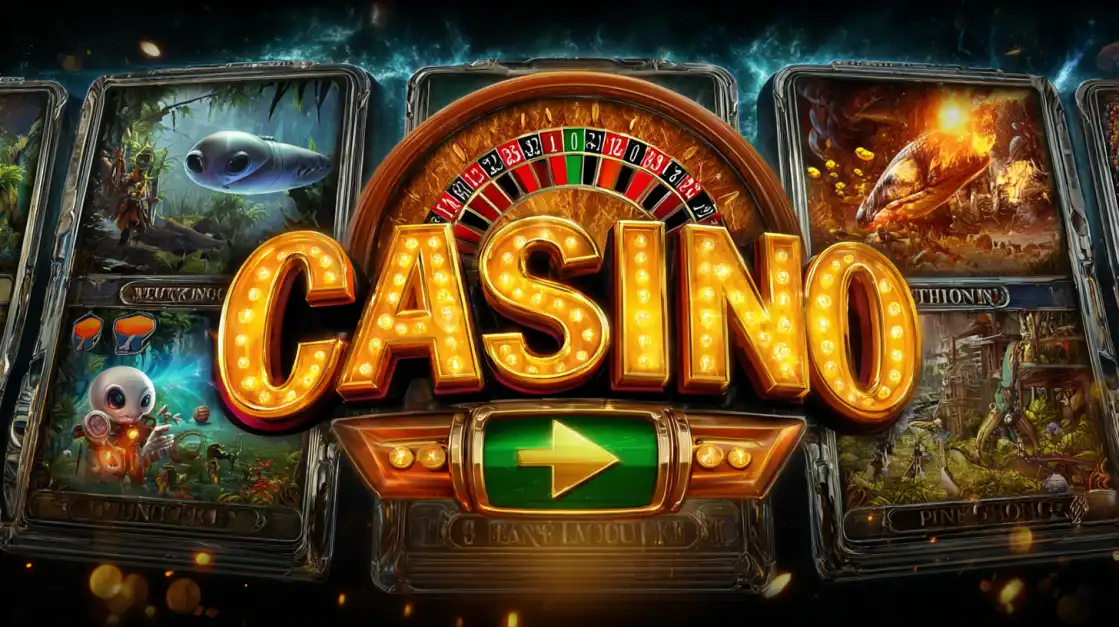 Glowing 'CASINO' sign with roulette wheel and slot machine reels displaying aliens, fire, and jungle scenes in a high-energy gaming layout.