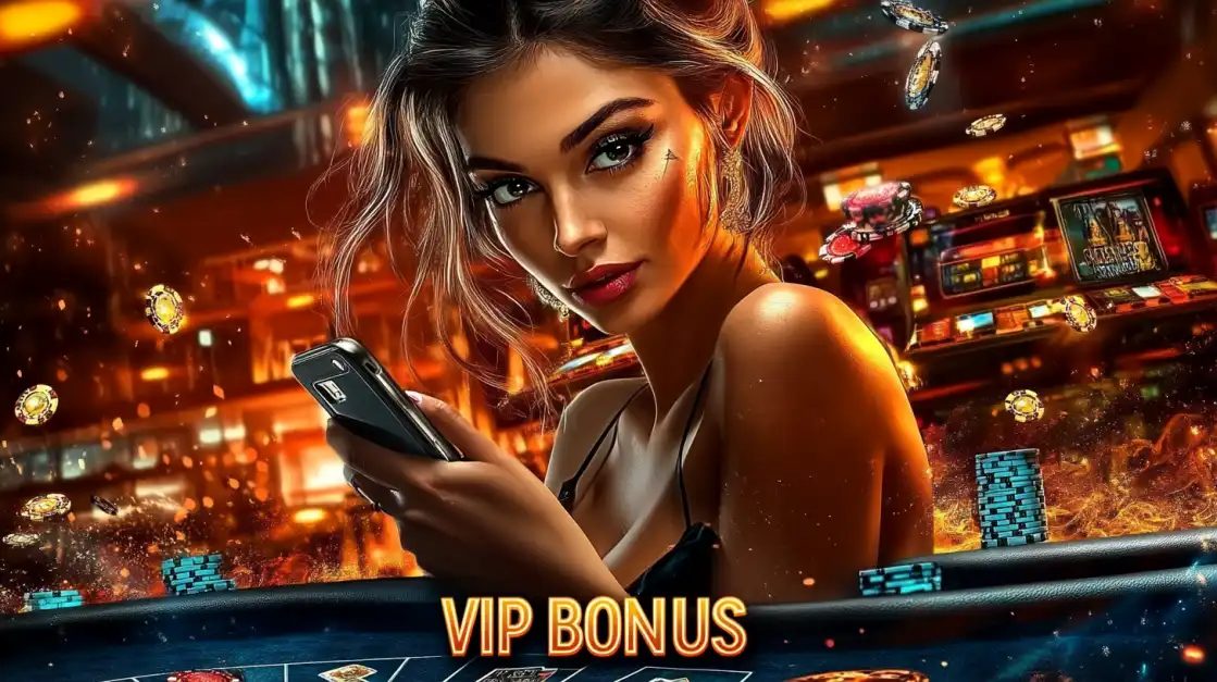 Beautiful woman holding a phone in a glowing casino environment with poker chips and coins flying around and a 'VIP BONUS' label below.