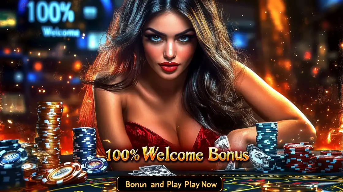 Glamorous woman in a red dress leaning over a casino table with poker chips and '100% Welcome Bonus' offer glowing in the background.