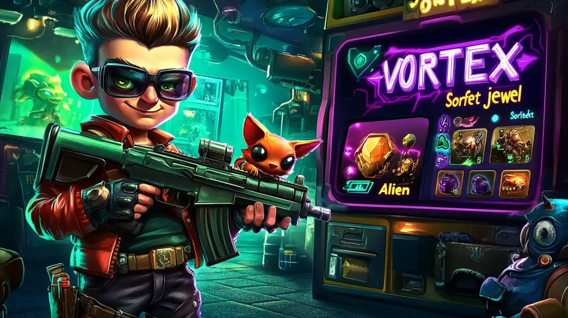 Cartoon-style boy with sunglasses holding a weapon next to a glowing slot machine labeled 'Vortex' with alien-themed rewards and a small creature on his shoulder.
