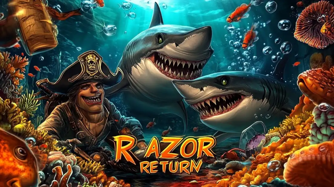 Menacing pirate underwater surrounded by coral and two grinning sharks, promoting a slot game titled 'Razor Return'.