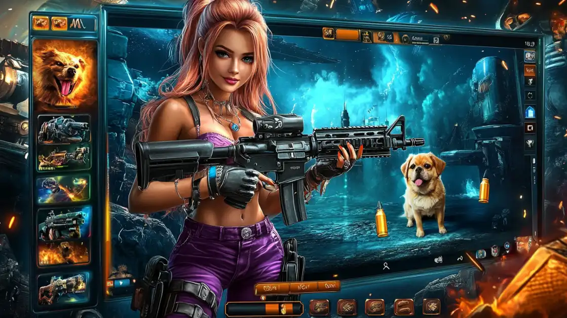 Sci-fi styled woman with pink hair and rifle standing in front of a futuristic game interface, with a small cute dog and glowing icons on screen.