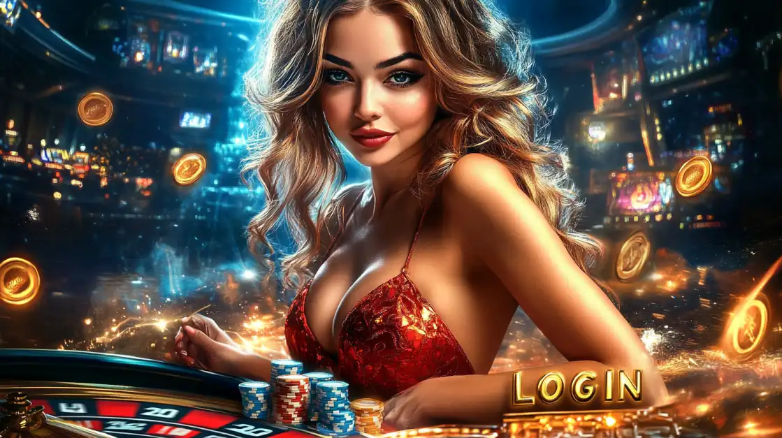Blonde woman in a red dress smiling beside a roulette table with stacks of chips and golden LOGIN text.