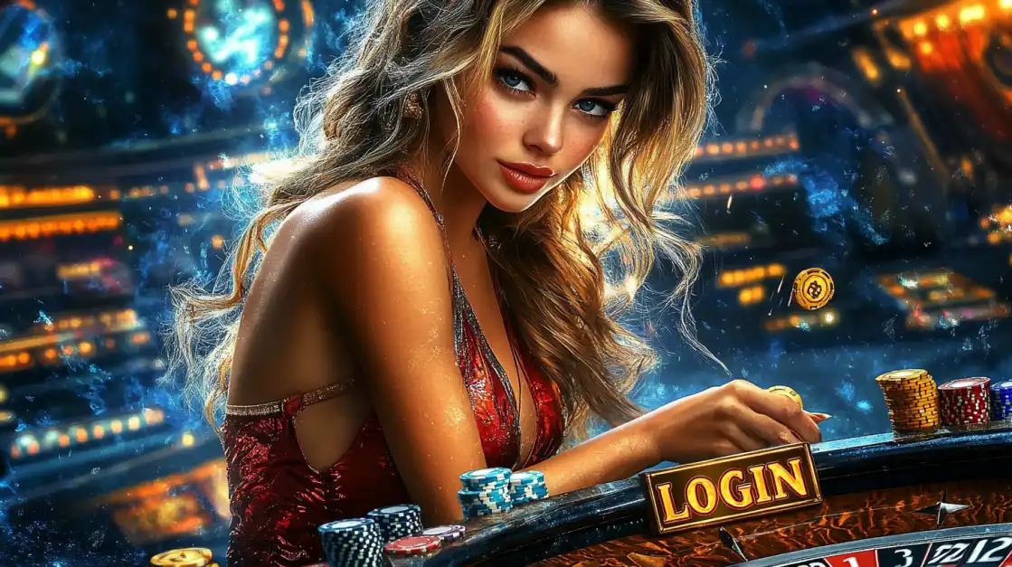 Confident woman in red at a roulette table with login sign and chips surrounded by glowing effects.