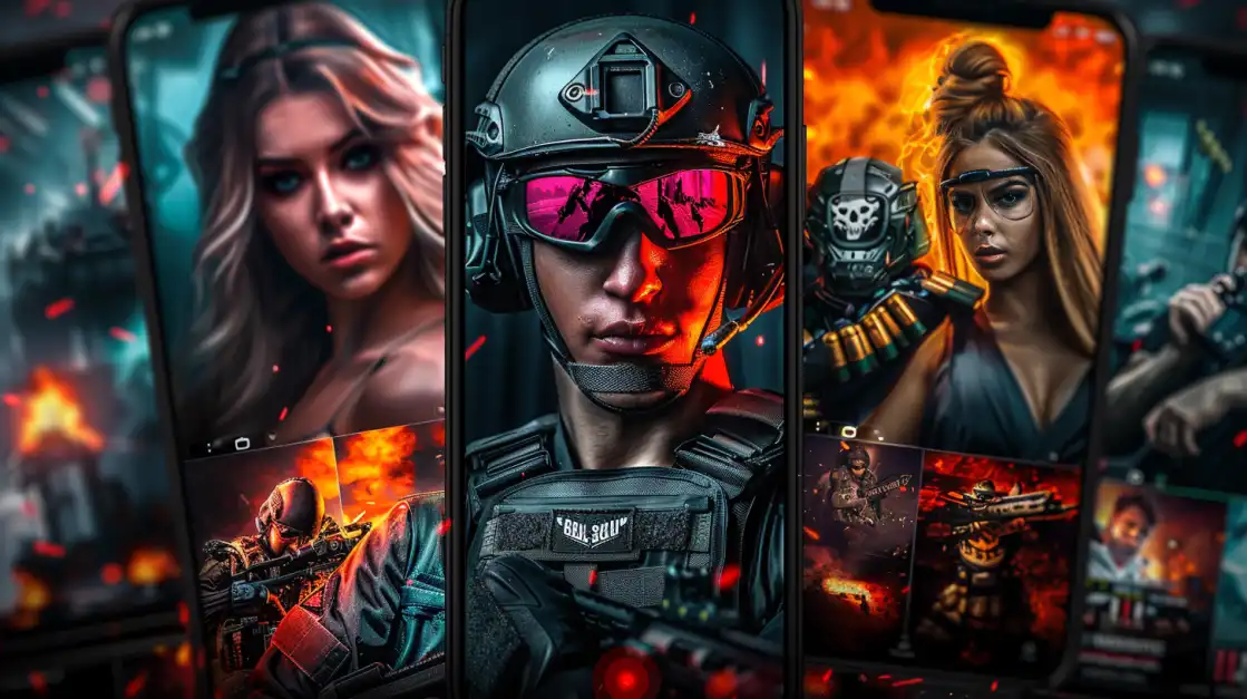 First-person shooter themed collage showing a soldier and various characters through a stylized phone screen interface with fiery battle scenes.
