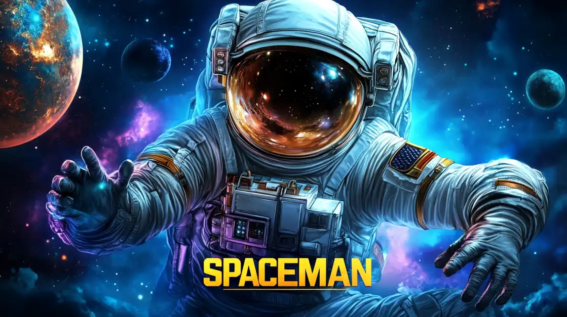 Detailed astronaut floating in space with planets and stars in the background, promoting a space-themed casino game.