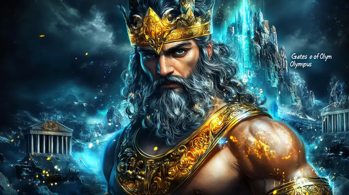 Powerful god-like figure resembling Zeus wearing a golden crown and armor, standing in front of Olympus temples and glowing cliffs.